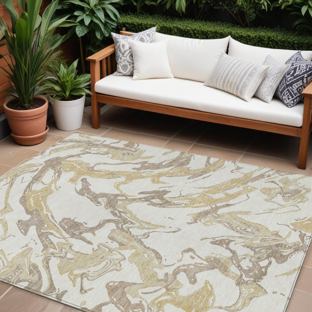 9' X 12' Ivory Gold And Brown Abstract Washable Indoor Outdoor Area Rug
