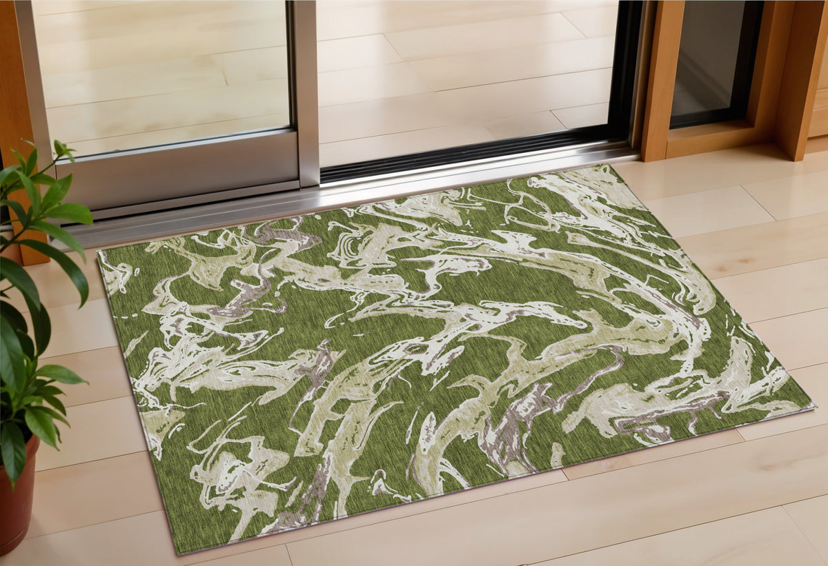 3' X 5' Olive Green And Ivory Abstract Washable Indoor Outdoor Area Rug
