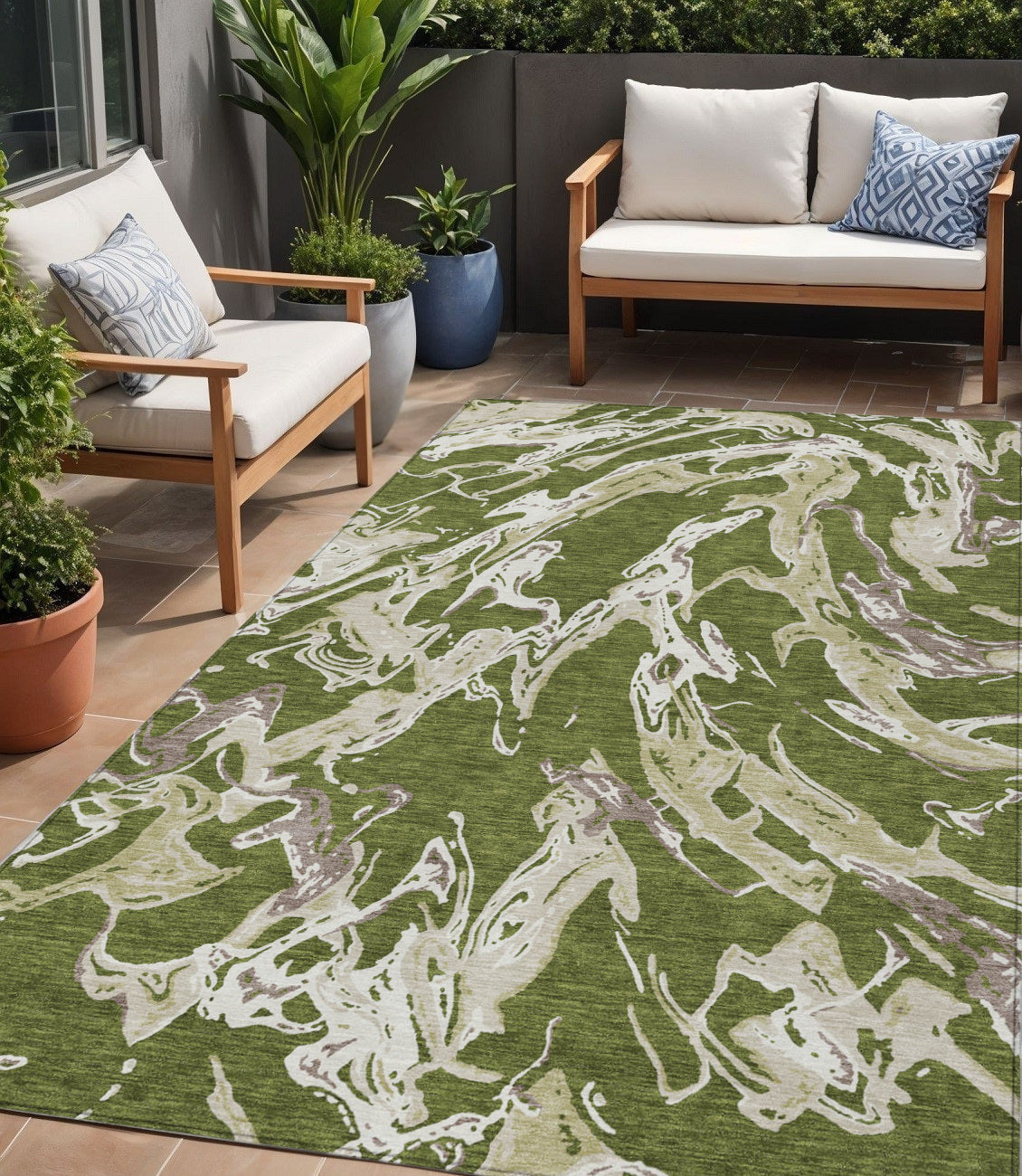 5' X 8' Olive Green And Ivory Abstract Washable Indoor Outdoor Area Rug