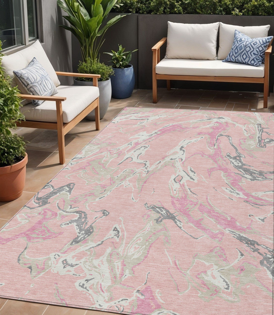 5' X 8' Pink Gray And Ivory Abstract Washable Indoor Outdoor Area Rug