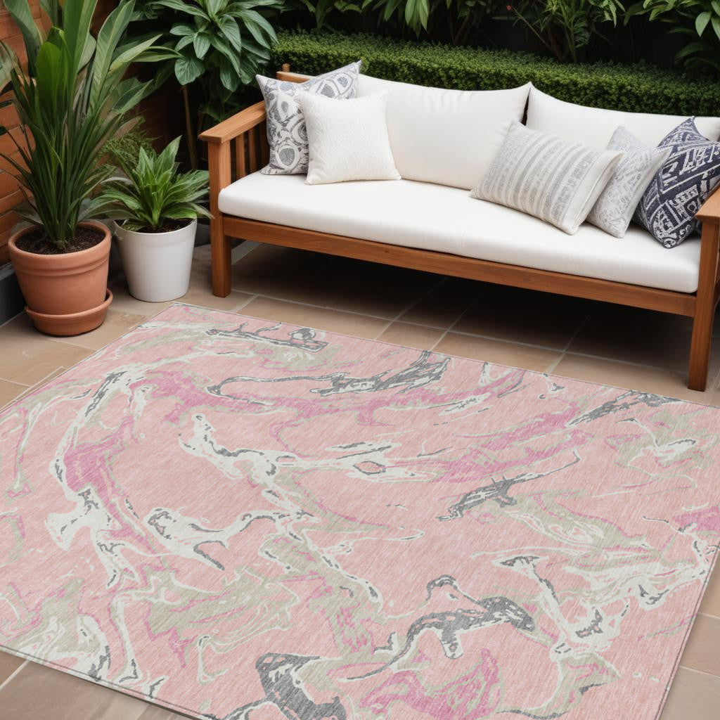 9' X 12' Pink Gray And Ivory Abstract Washable Indoor Outdoor Area Rug