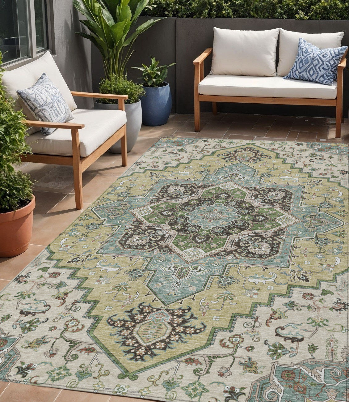 5' X 8' Beige Green And Brown Oriental Washable Indoor Outdoor Area Rug