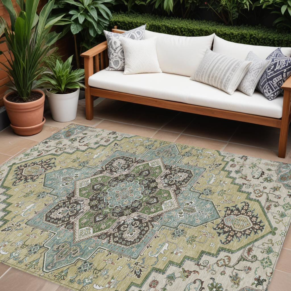 9' X 12' Beige Green And Brown Oriental Washable Indoor Outdoor Area Rug