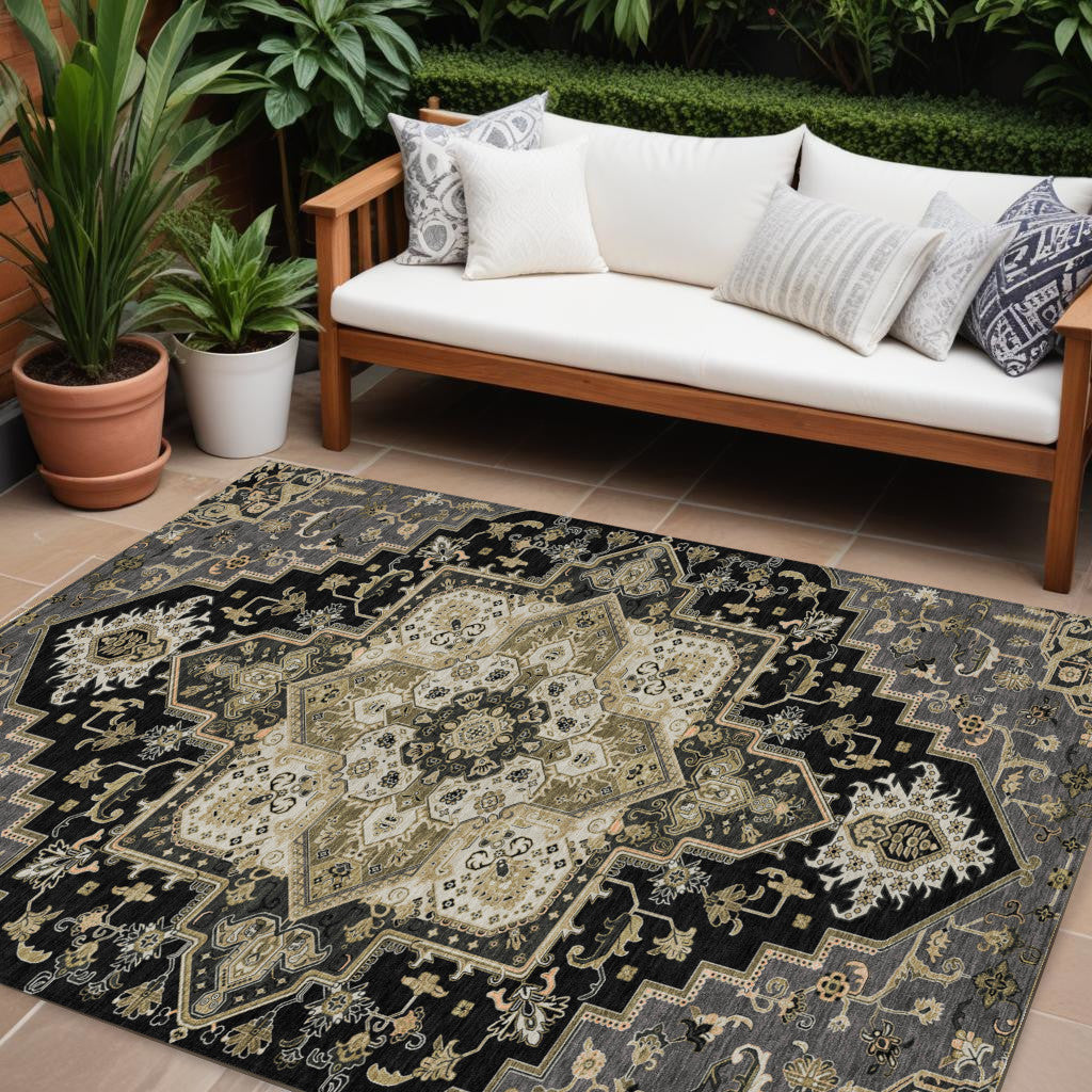 10' X 14' Black Gray And Ivory Oriental Washable Indoor Outdoor Area Rug
