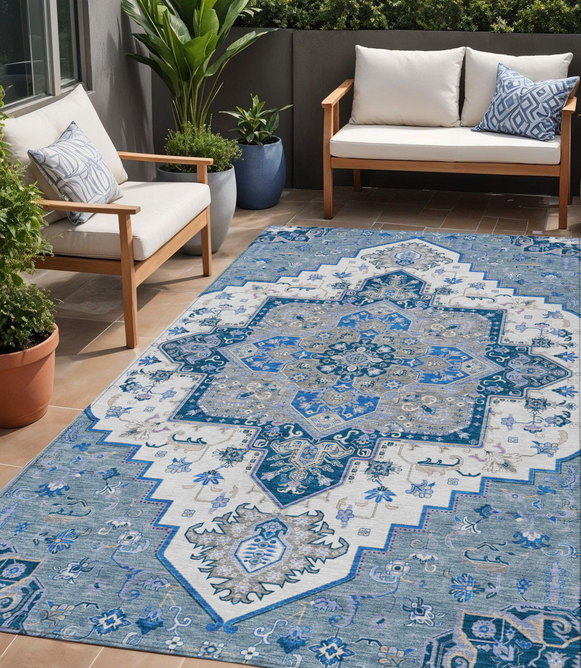 5' X 8' Blue Gray And Ivory Oriental Washable Indoor Outdoor Area Rug