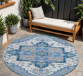 8' Blue Gray And Ivory Round Oriental Washable Indoor Outdoor Area Rug
