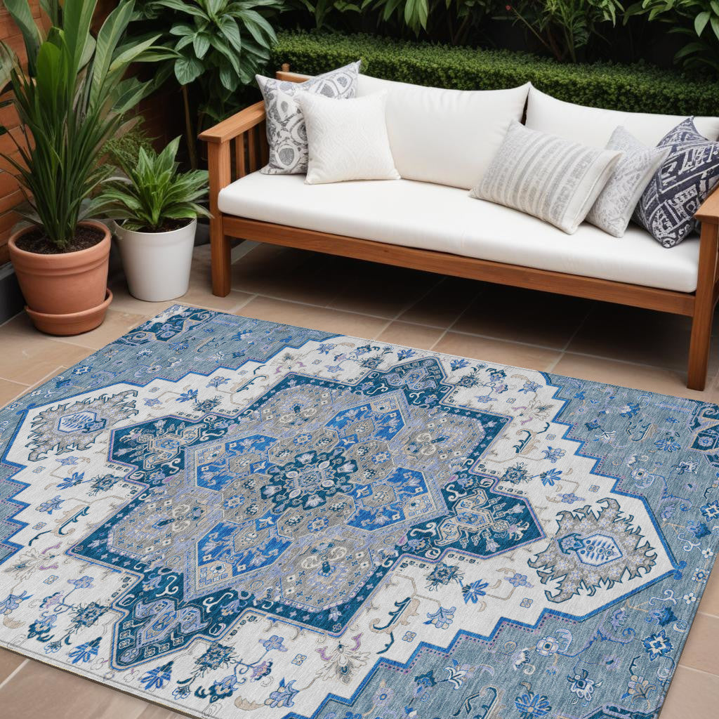 9' X 12' Blue Gray And Ivory Oriental Washable Indoor Outdoor Area Rug