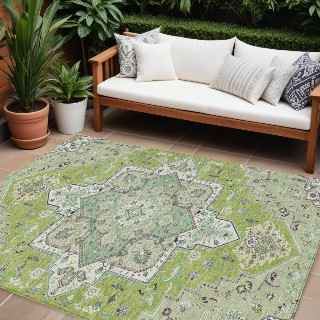 10' X 14' Green Ivory And Brown Oriental Washable Indoor Outdoor Area Rug