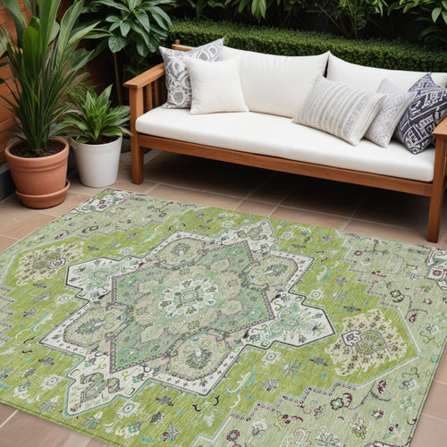 10' X 14' Green Ivory And Brown Oriental Washable Indoor Outdoor Area Rug