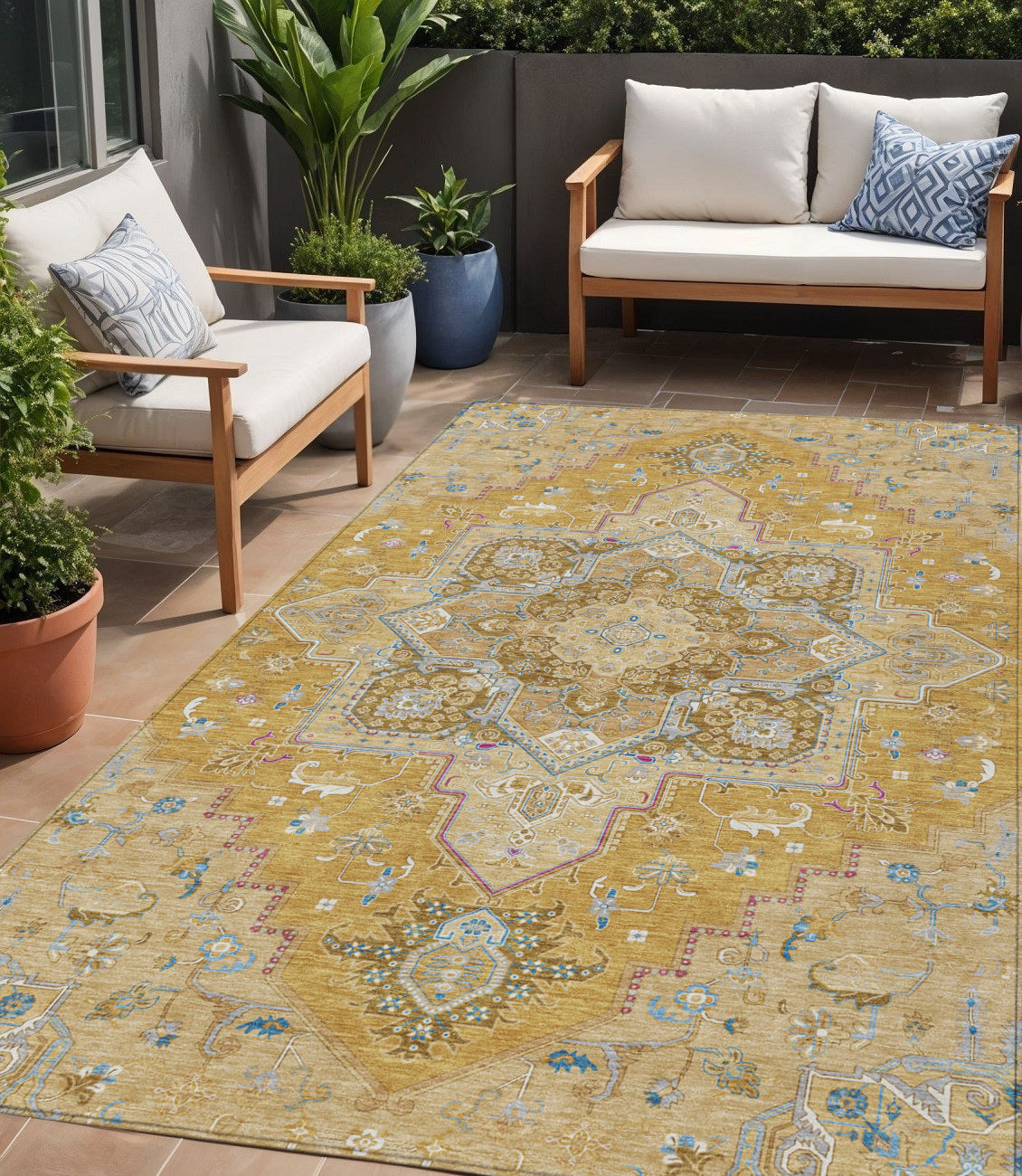 5' X 8' Gold Beige And Blue Oriental Washable Indoor Outdoor Area Rug