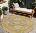 8' Gold Beige And Blue Round Oriental Washable Indoor Outdoor Area Rug