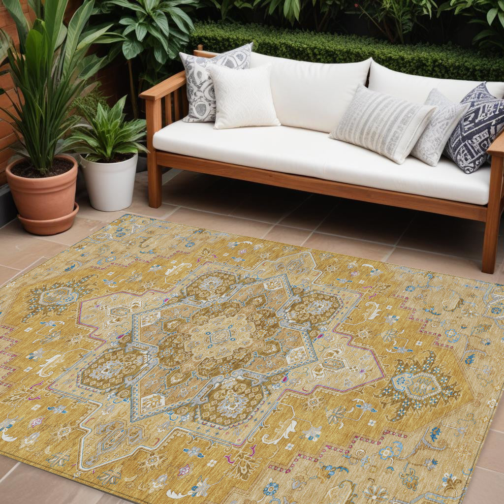 9' X 12' Gold Beige And Blue Oriental Washable Indoor Outdoor Area Rug