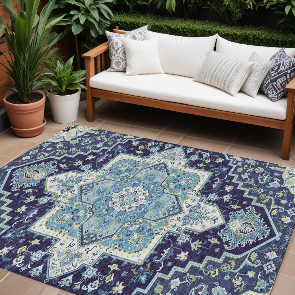 9' X 12' Navy Blue Ivory And Black Oriental Washable Indoor Outdoor Area Rug