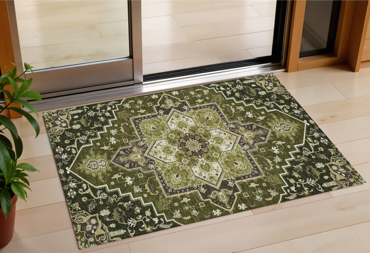 3' X 5' Olive Green Ivory And Brown Oriental Washable Indoor Outdoor Area Rug