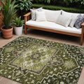 10' X 14' Olive Green Ivory And Brown Oriental Washable Indoor Outdoor Area Rug