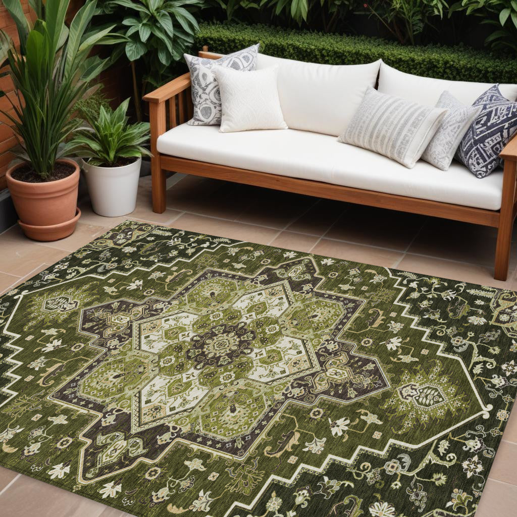 10' X 14' Olive Green Ivory And Brown Oriental Washable Indoor Outdoor Area Rug