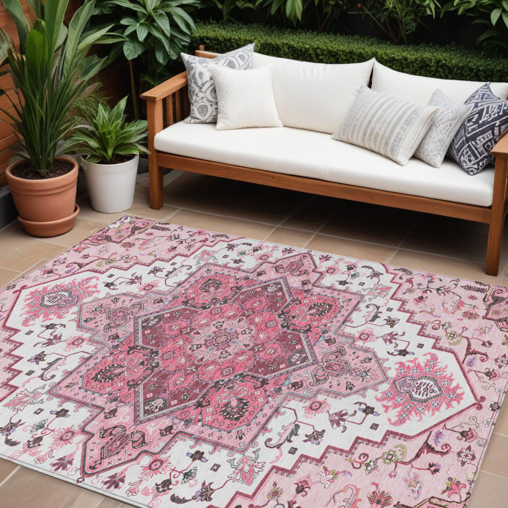9' X 12' Pink Ivory And Gray Oriental Washable Indoor Outdoor Area Rug