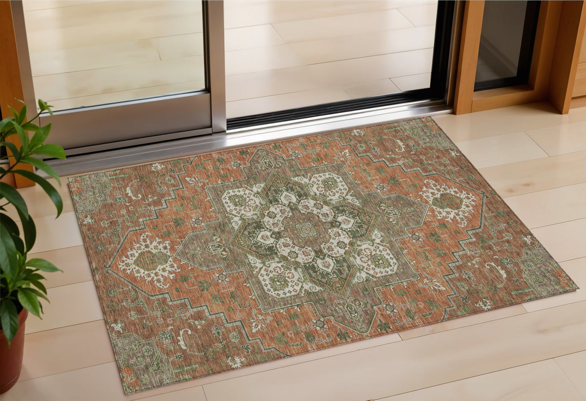 3' X 5' Rust Green And Brown Oriental Washable Indoor Outdoor Area Rug
