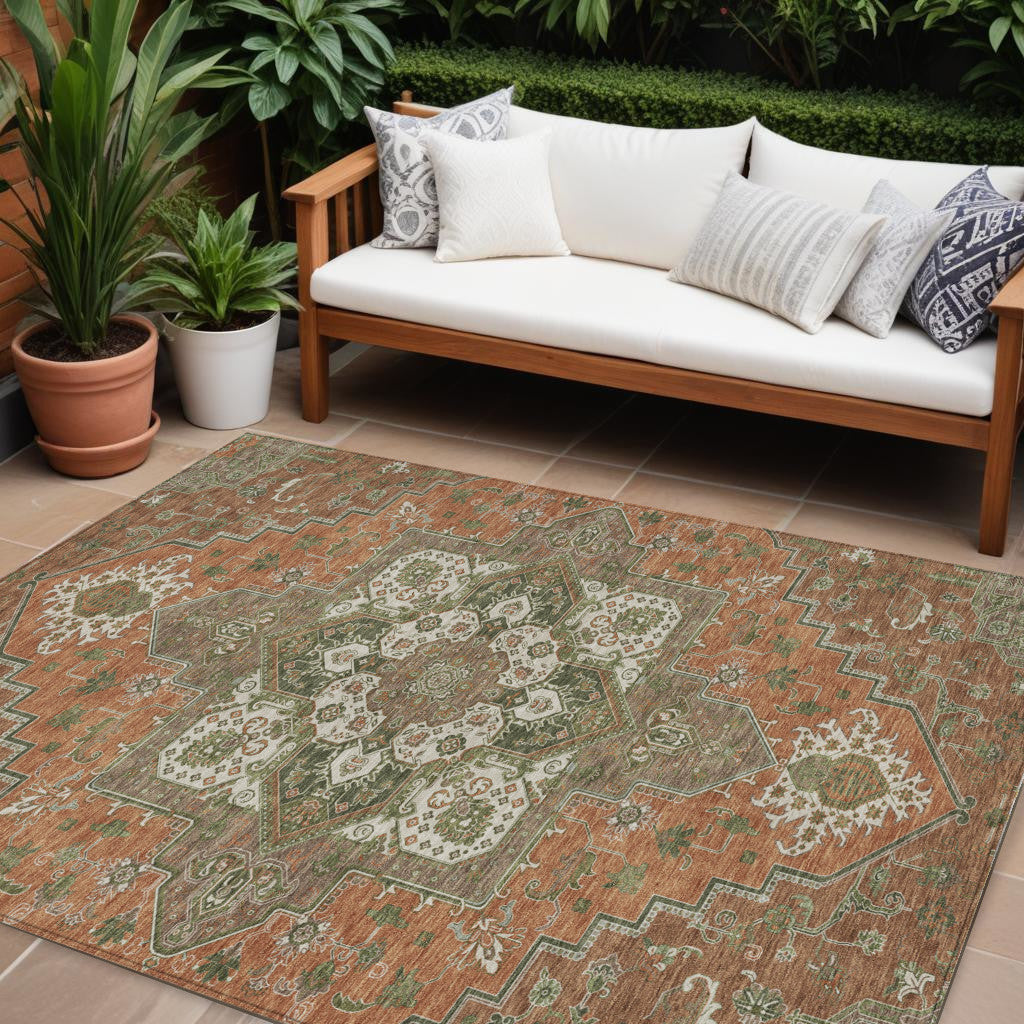 10' X 14' Rust Green And Brown Oriental Washable Indoor Outdoor Area Rug