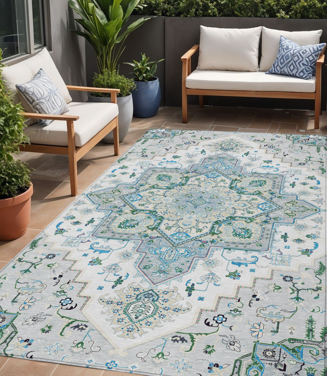 5' X 8' Silver Ivory And Green Oriental Washable Indoor Outdoor Area Rug