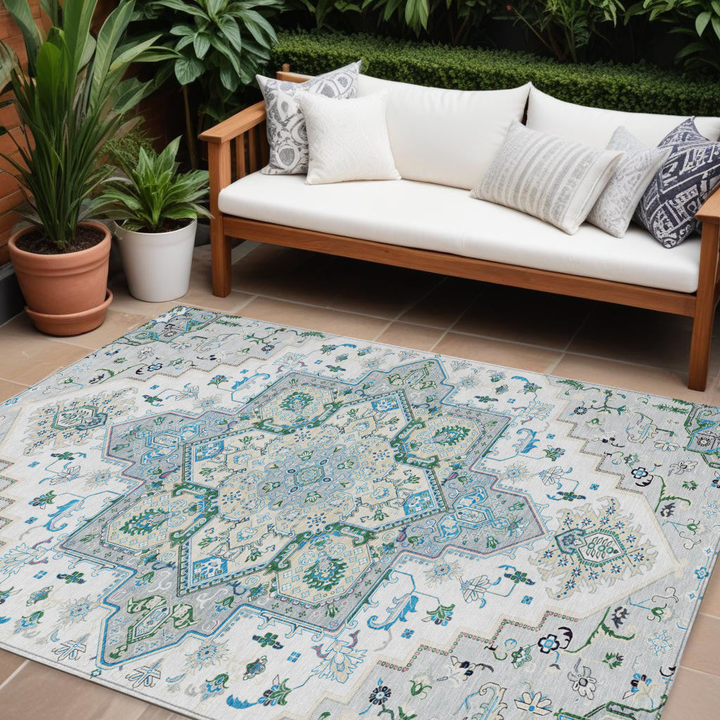 9' X 12' Silver Ivory And Green Oriental Washable Indoor Outdoor Area Rug