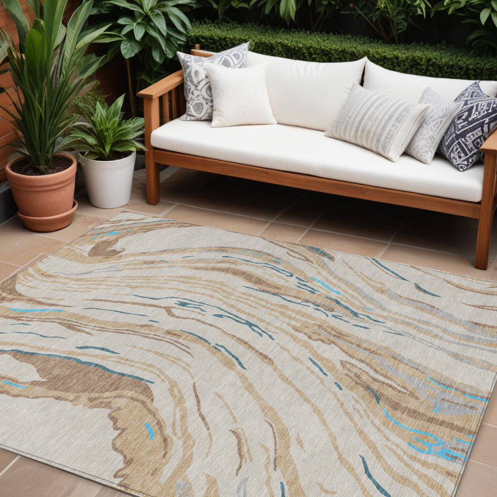 9' X 12' Beige Teal Blue And Ivory Abstract Washable Indoor Outdoor Area Rug