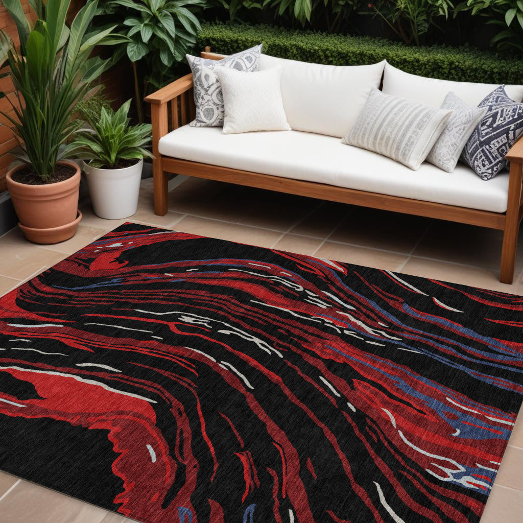 10' X 14' Black Red And Gray Abstract Washable Indoor Outdoor Area Rug
