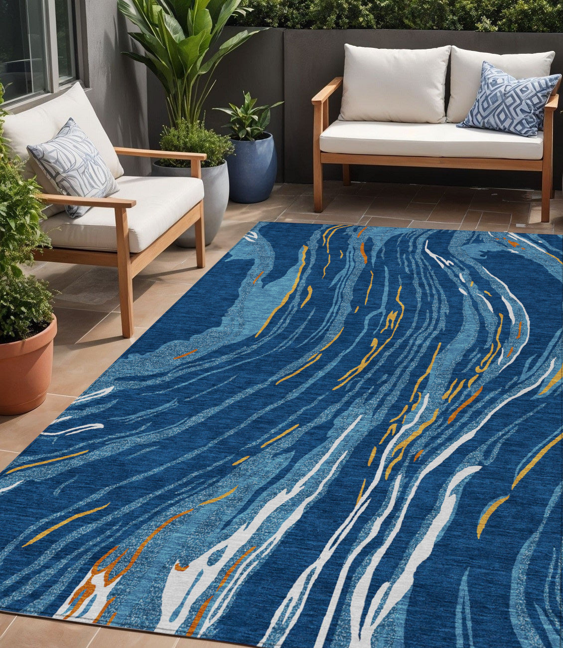 5' X 8' Navy Blue Gold And Copper Abstract Washable Indoor Outdoor Area Rug