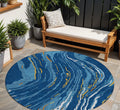 8' Navy Blue Gold And Copper Round Abstract Washable Indoor Outdoor Area Rug