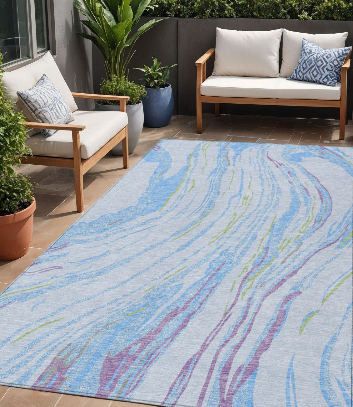 5' X 8' Sky Blue Purple And Green Abstract Washable Indoor Outdoor Area Rug