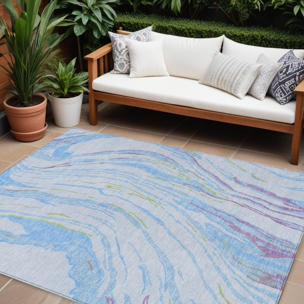 9' X 12' Sky Blue Purple And Green Abstract Washable Indoor Outdoor Area Rug