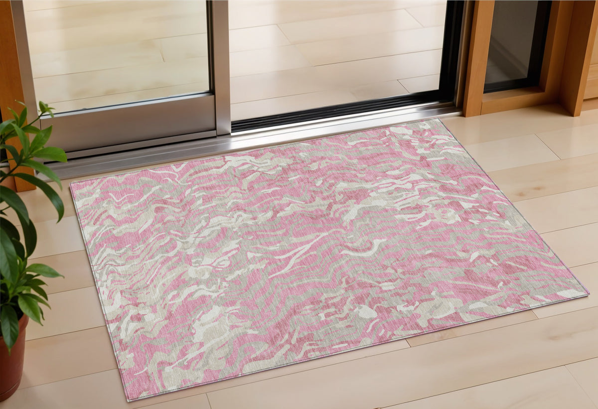 3' X 5' Pink Gray And Ivory Abstract Washable Indoor Outdoor Area Rug