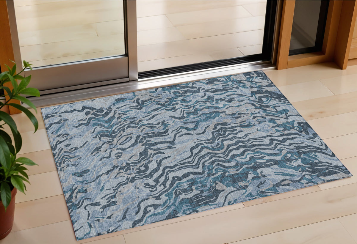 3' X 5' Sky Blue Black And Teal Blue Abstract Washable Indoor Outdoor Area Rug