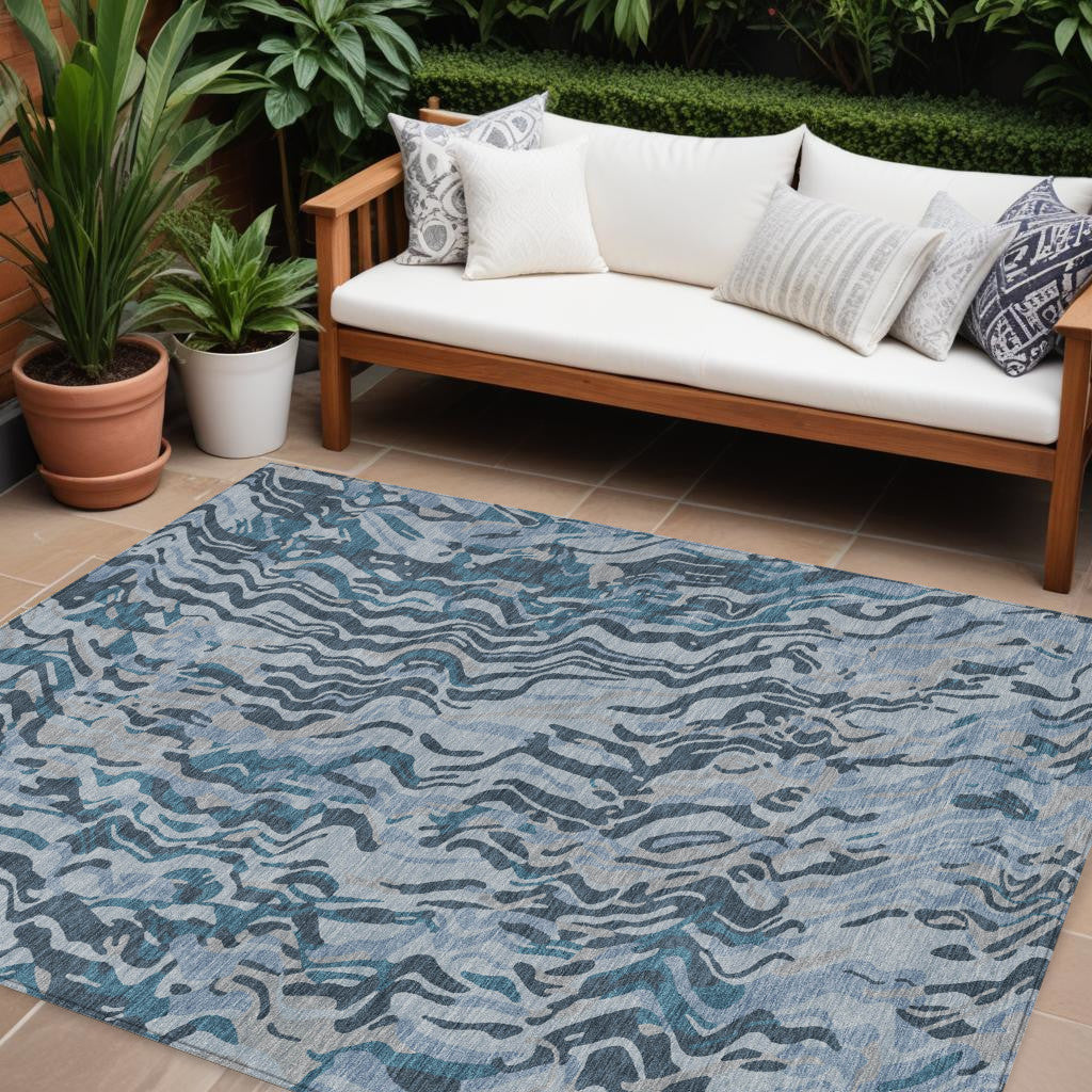 9' X 12' Sky Blue Black And Teal Blue Abstract Washable Indoor Outdoor Area Rug
