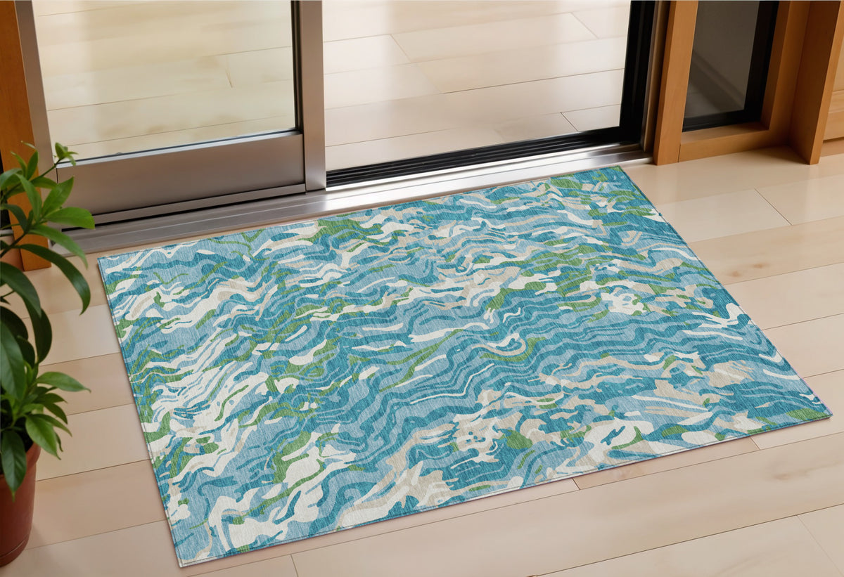 3' X 5' Teal Blue Ivory And Green Abstract Washable Indoor Outdoor Area Rug