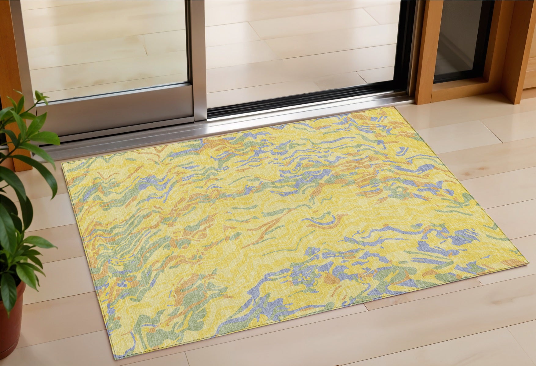 3' X 5' Yellow Purple And Green Abstract Washable Indoor Outdoor Area Rug