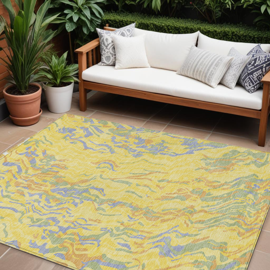 10' X 14' Yellow Purple And Green Abstract Washable Indoor Outdoor Area Rug