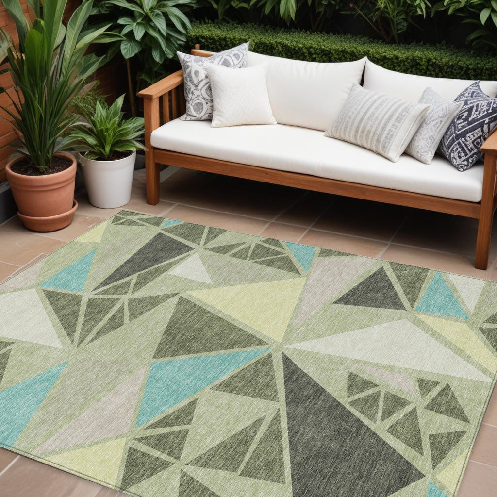 10' X 14' Artichoke Green Ivory And Aqua Geometric Washable Indoor Outdoor Area Rug