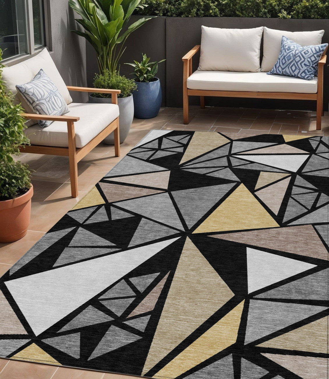 5' X 8' Black Beige And Gray Geometric Washable Indoor Outdoor Area Rug
