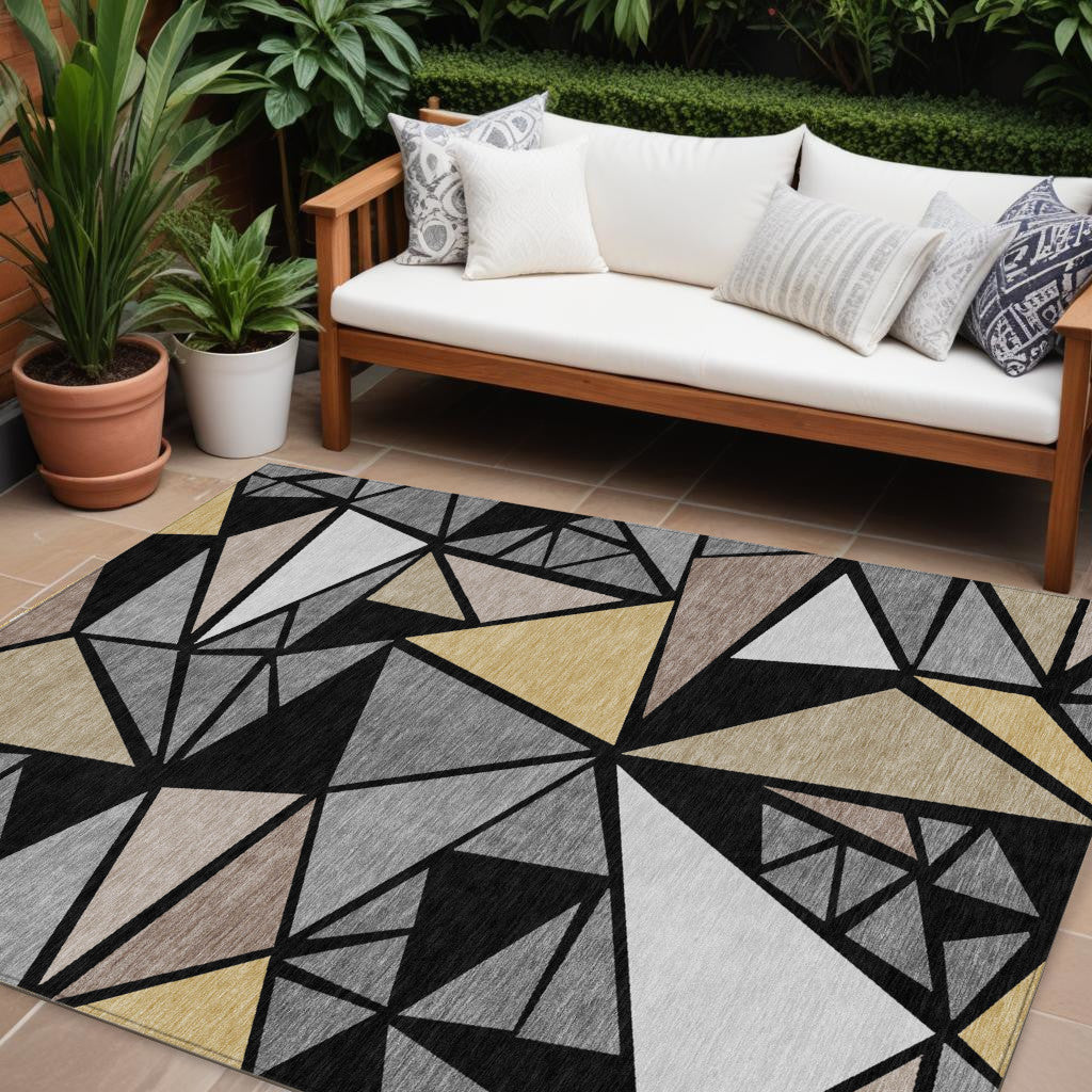 10' X 14' Black Beige And Gray Geometric Washable Indoor Outdoor Area Rug
