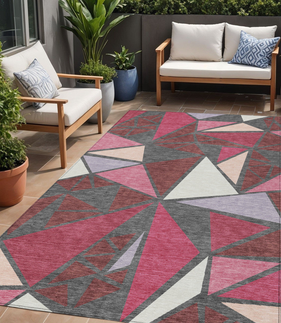 5' X 8' Burgundy Pink And Charcoal Geometric Washable Indoor Outdoor Area Rug