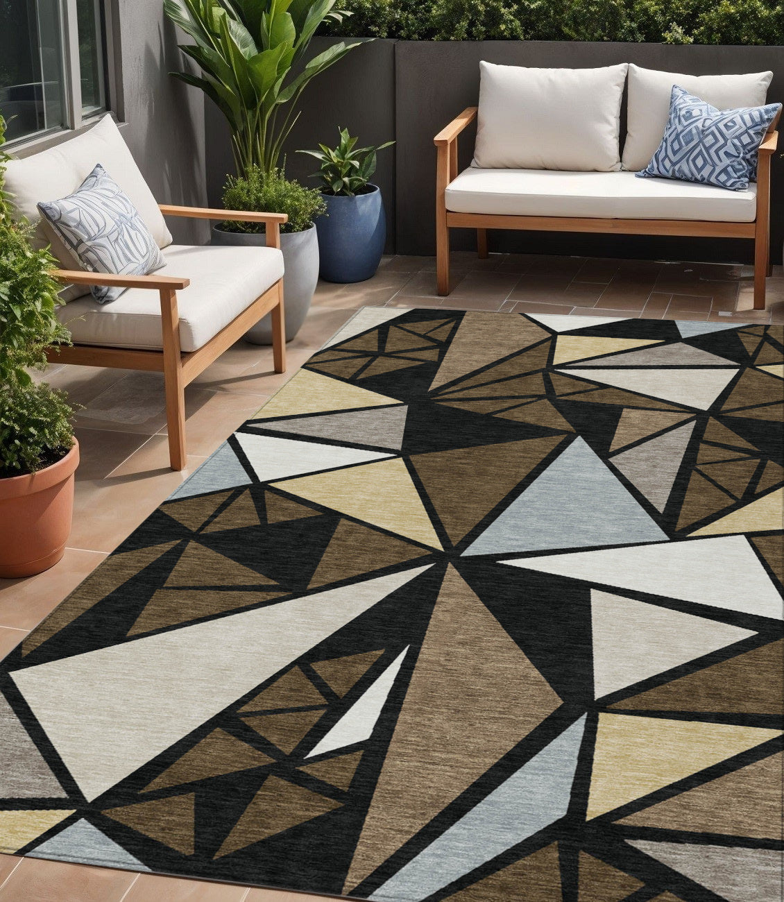 5' X 8' Brown Black And Ivory Geometric Washable Indoor Outdoor Area Rug