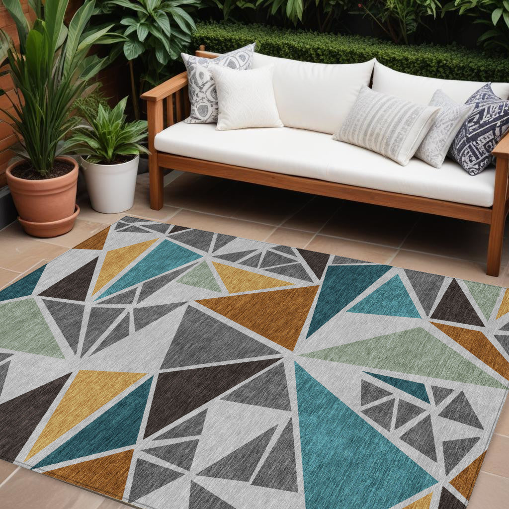 9' X 12' Gray Copper And Brown Geometric Washable Indoor Outdoor Area Rug