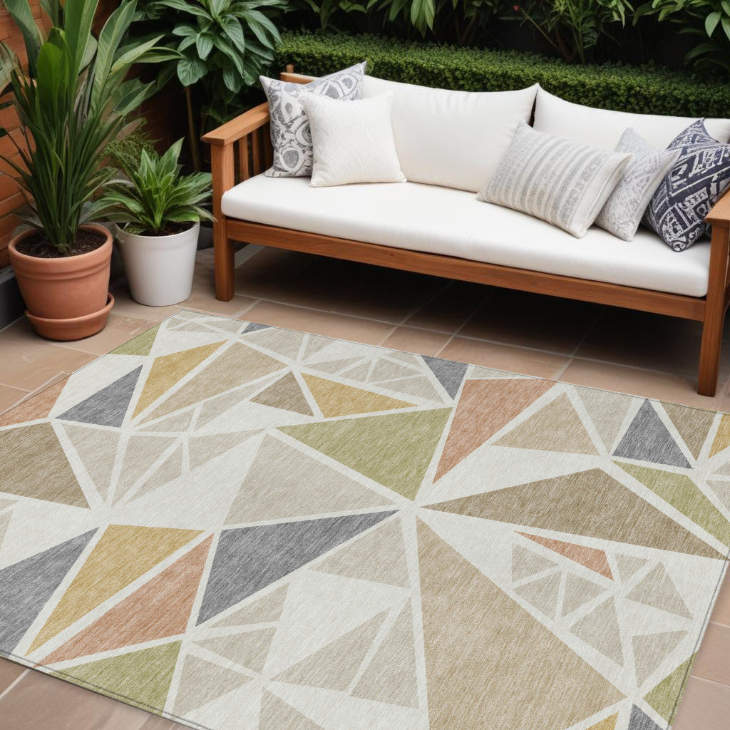 9' X 12' Ivory Brown And Green Geometric Washable Indoor Outdoor Area Rug