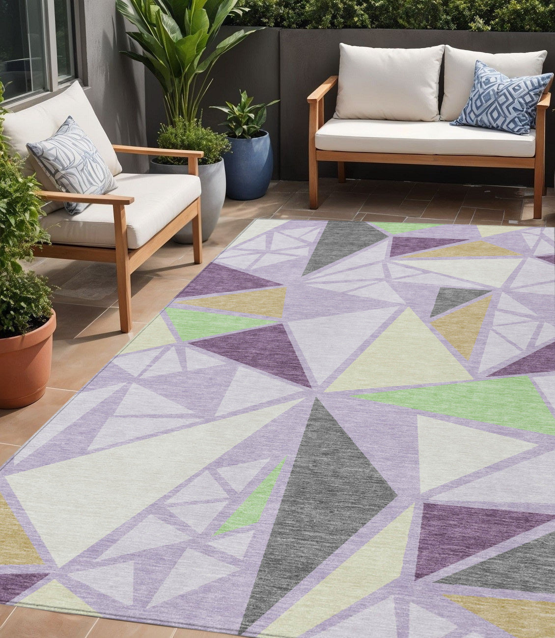5' X 8' Lavender Purple And Green Geometric Washable Indoor Outdoor Area Rug