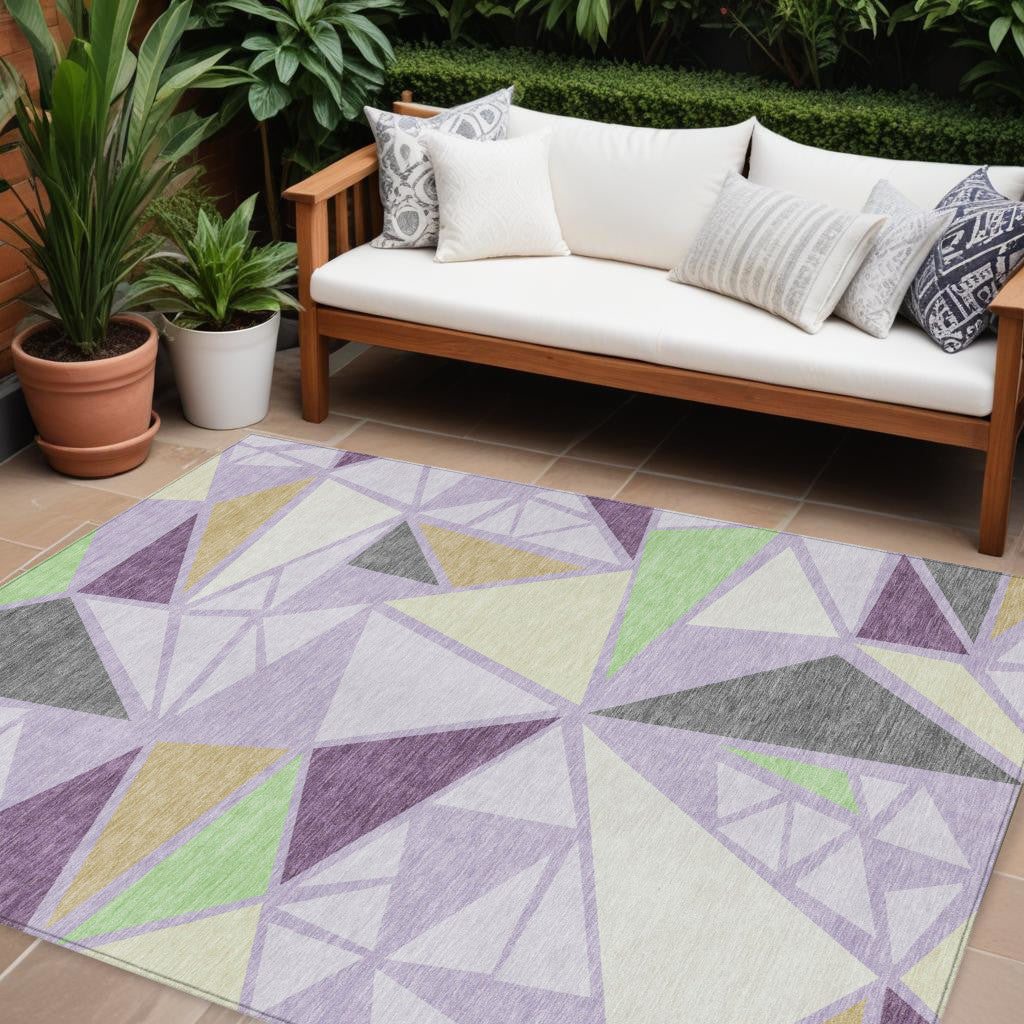 9' X 12' Lavender Purple And Green Geometric Washable Indoor Outdoor Area Rug