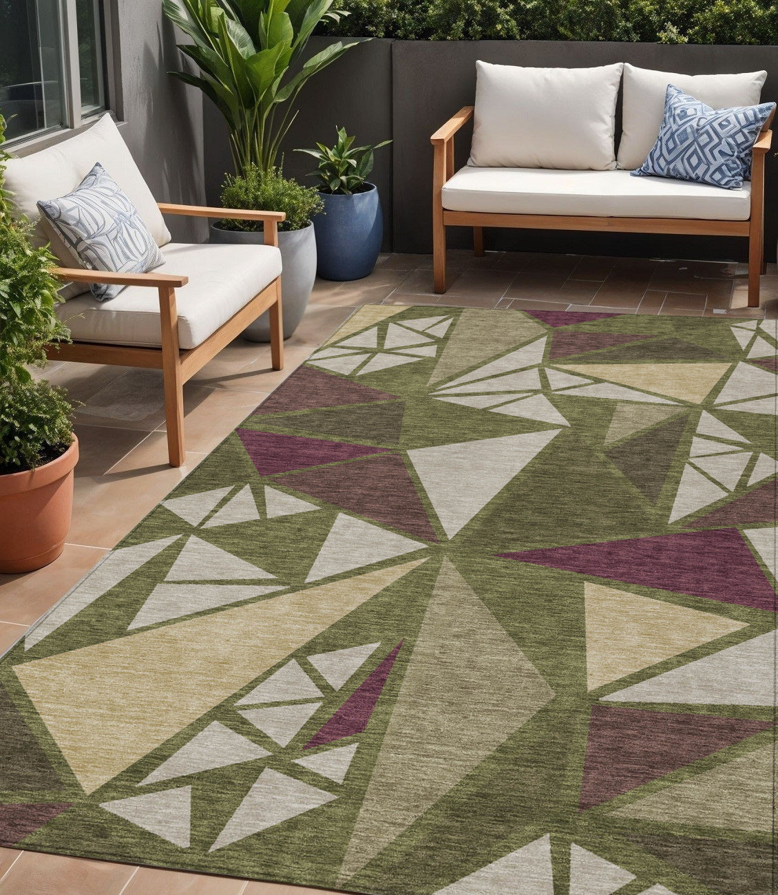 5' X 8' Olive Green Ivory And Burgundy Geometric Washable Indoor Outdoor Area Rug