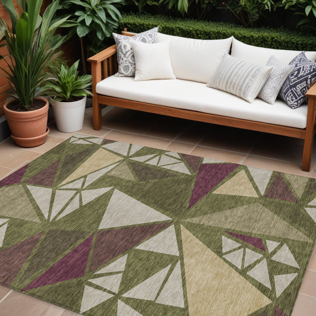 9' X 12' Olive Green Ivory And Burgundy Geometric Washable Indoor Outdoor Area Rug