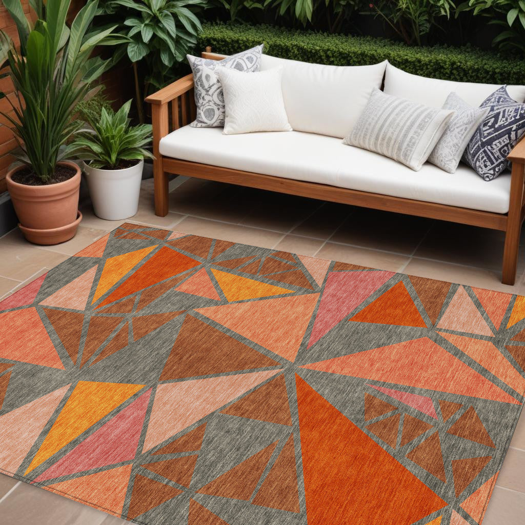 9' X 12' Rust Gray And Pink Geometric Washable Indoor Outdoor Area Rug