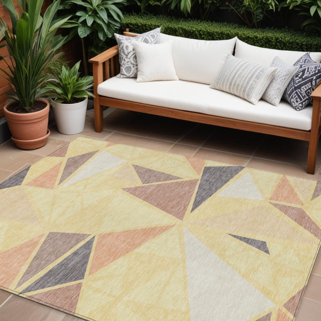 9' X 12' Wheat Brown And Gray Geometric Washable Indoor Outdoor Area Rug
